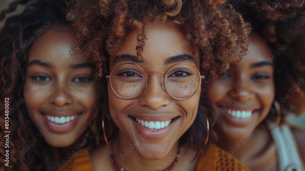 Four Young African American Women Smiling Joyfully Close-Up Portrait
