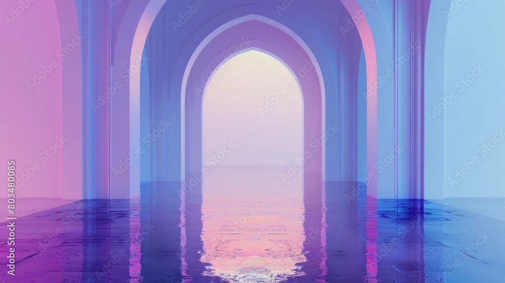 Serene pastel arches reflecting on a shiny floor, creating a tranquil mood.