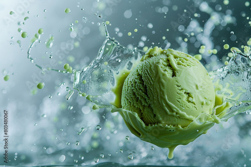 An isolated green ice cream ball suspended in mid-air, with a splash frozen in time, creating a compelling image. © Faisu
