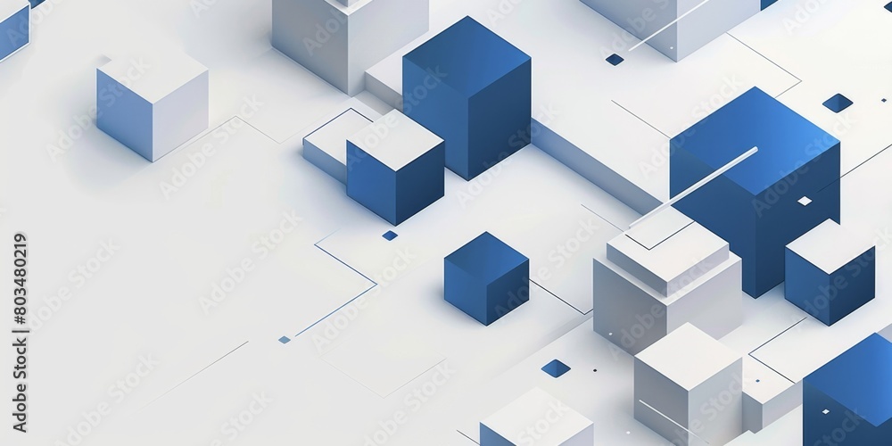 A white background with blue and gray geometric shapes, representing the digital transformation of construction marketing for web design Generative AI