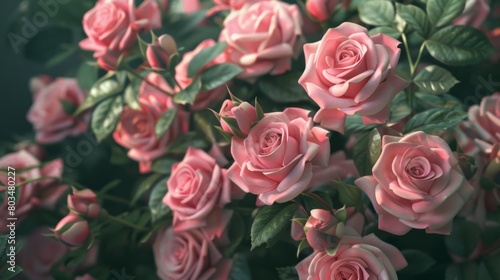 Soft pink roses in full bloom beautifully arranged with lush green leaves.