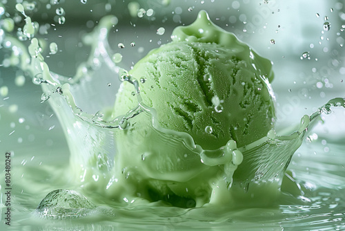 An isolated green ice cream ball defying gravity, surrounded by a dynamic and captivating splash frozen in time. © Faisu