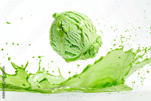 An isolated scoop of green ice cream floating effortlessly above a white background, leaving a trail of splashes. © Faisu