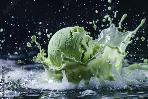 An isolated scoop of green ice cream seemingly defying gravity, accompanied by a visually stunning frozen splash. © Faisu