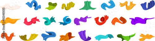 Satin cloth waves floating icons set cartoon vector. Silk ribbon. Flying air