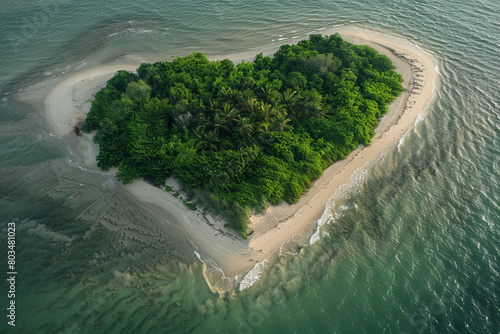 An overhead view of Heart Island, with its heart-shaped outline formed by a combination of sand and vegetation.