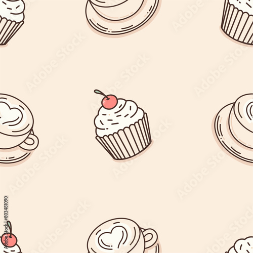 Cute seamless pattern with cupcakes and cappuccino on a colored background. Vector illustration for printing. Cute background with food.