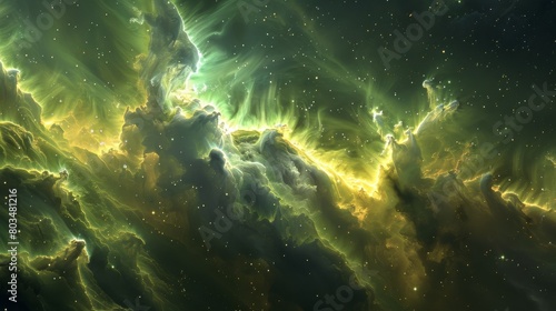 This image captures the intense and radiant green hues of a nebula as it soars through the expanse of space  showcasing a dynamic and vivid celestial event