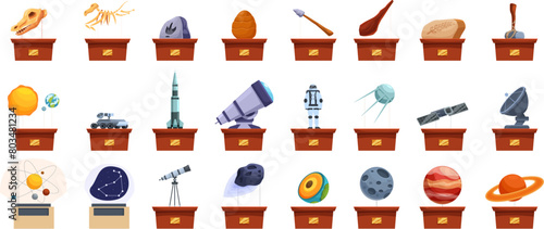 Science museum exhibits icons set cartoon vector. Space astronaut. Guide equipment