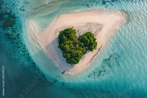 An overhead view of Heart Island, with its heart-shaped formation surrounded by pristine white sand.