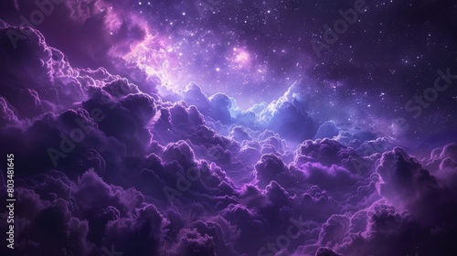This image features a dramatic cloudscape with cosmic energy, infused with a purple glow and stars