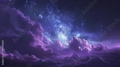 The serene beauty of the night sky with its countless stars shrouded by soft purple clouds