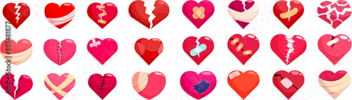 Cracked heart icons set cartoon vector. Broken bandage. Divorce emotion