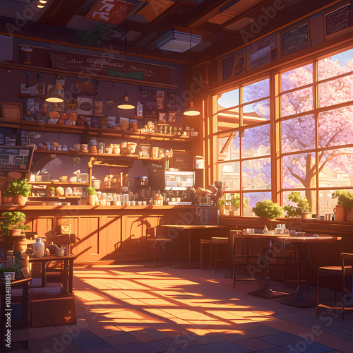 Artistic Anime-Inspired Interior of a Warm and Inviting Cafe