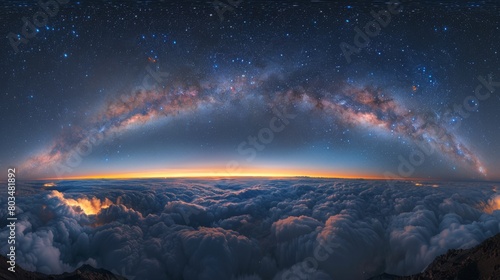 The panoramic presentation exemplifies the grandeur of the Milky Way as it arches majestically over a sea of clouds at the edge of Earth's atmosphere photo