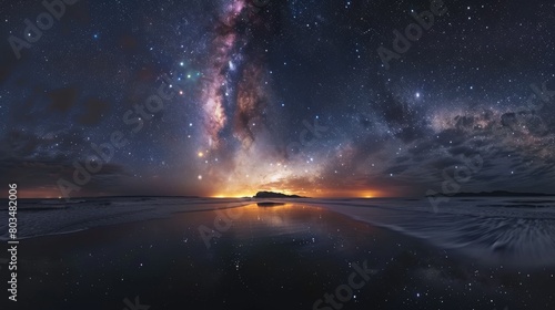 The Milky Way rises splendidly above a serene beach landscape, blending twilight hues with celestial wonders photo