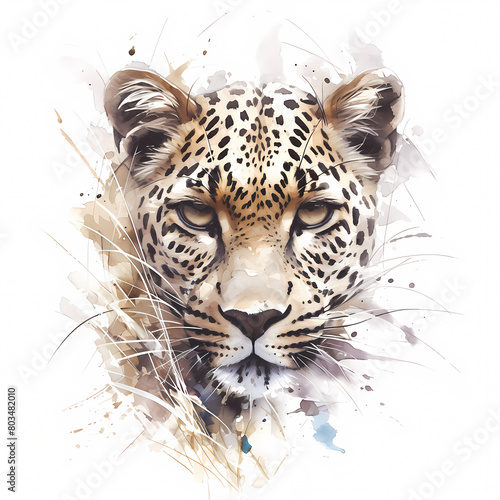 A striking watercolor illustration of a leopard's intense gaze, capturing the essence of its wild power and majestic beauty. This vibrant piece showcases the animal's distinctive spots and expressive