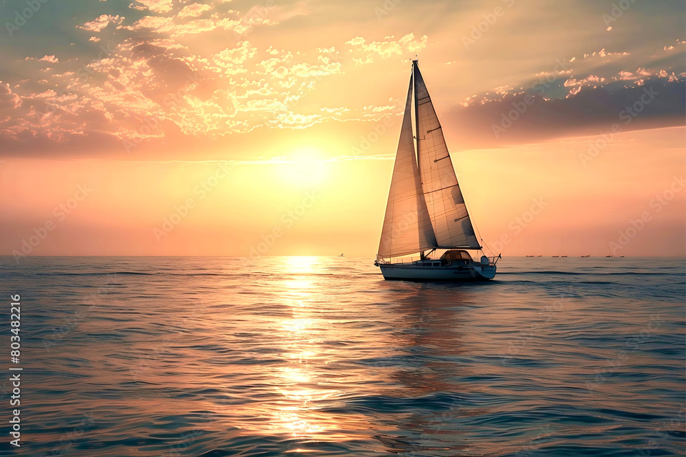 Sail in the sea at sunset