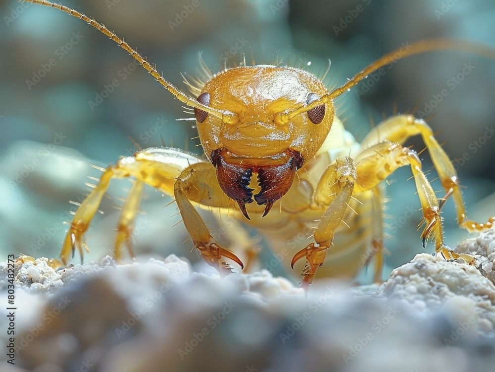 Fototapeta premium Hyperreal images of a termite queen in colony, high magnification macro shot, perfect for entomology studies and educational displays.