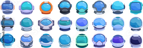 Cosmonaut helmet icons set cartoon vector. Suit clothing. Mask face hole