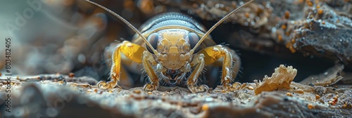 Hyperreal images of a woodlouse under a log, extreme close up macro photo, suitable for forestry and wood industry products. photo