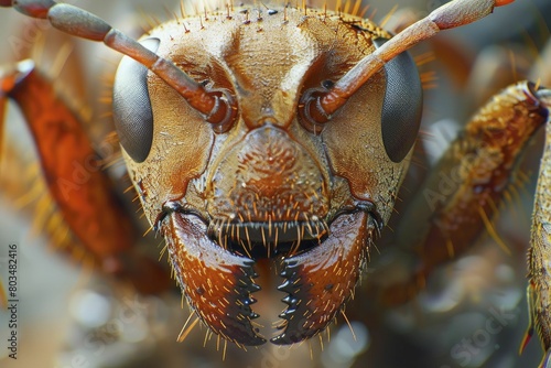Explore the mesmerizing realism captured in an ant's face through an ultra-detailed macro shot, perfect for showcasing outdoor gear products. photo