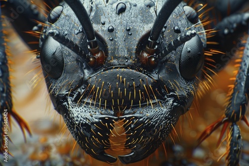 Hyperreal images of an ant face  extreme high detail close up macro photo  ideal for outdoor gear product displays.