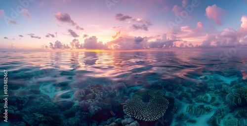 A panoramic view of a barrier reef at sunset, with the warm hues of the sky reflecting off the calm surface of the ocean photo
