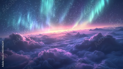 A mesmerizing scene with an outstanding display of the northern lights above fluffy clouds, during a pink-hued twilight hour