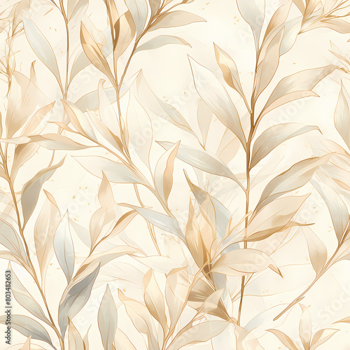 A captivating watercolor design that seamlessly repeats  showcasing a beautiful arrangement of leaves and flowers in hues of gold  beige  and cream. This pattern exudes charm and sophistication 