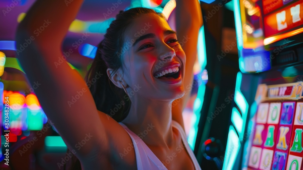 A colorful, high-energy photo capturing a woman enjoying her time in a bustling arcade room full of bright lights and games A colorful, high-energy photo capturing a woman enjoying her time in a bustling arcade room full of bright lights and games