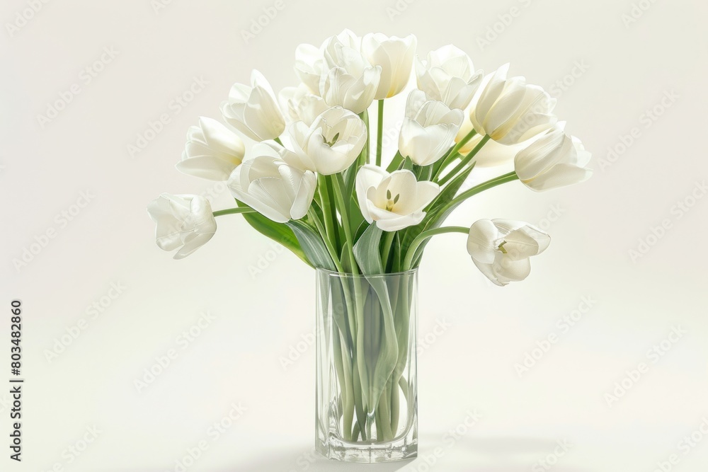 A vase full of white flowers sits on a white table. The flowers creating a sense of harmony and balance
