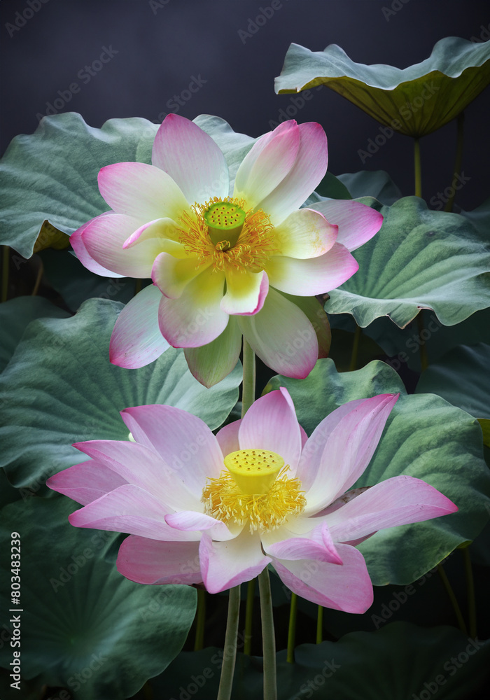 Beautiful blooming lotus flowers at the pond