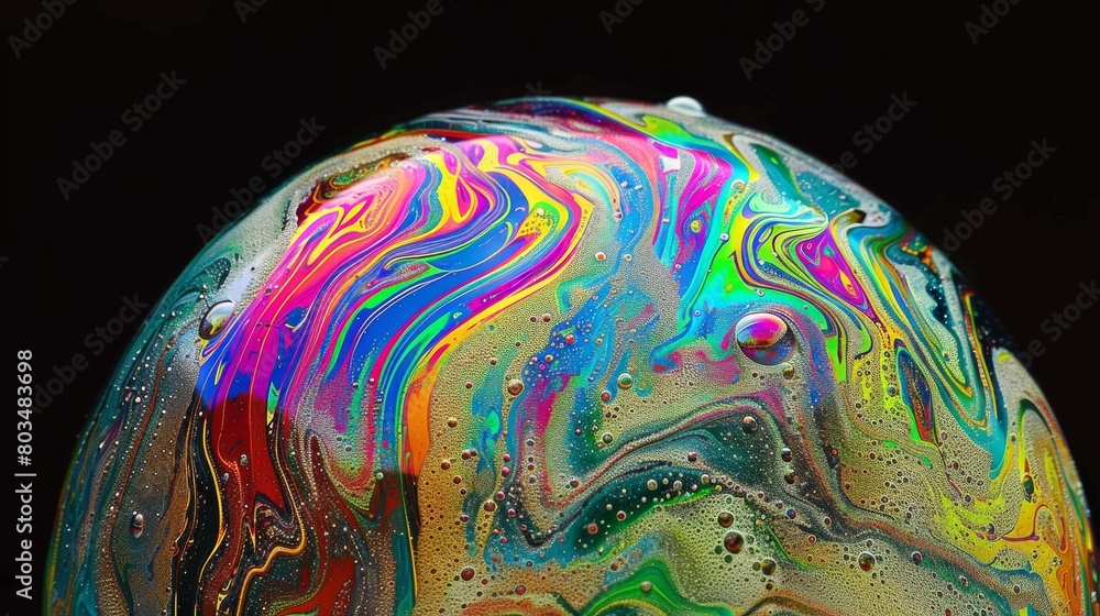 Vibrant swirls of color create an abstract pattern on the surface of a bubble, reflecting light in a dark background