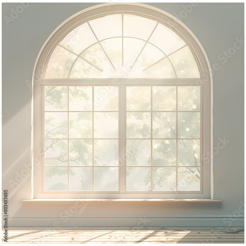 Inviting sunlit room with arched window and hardwood floor.
