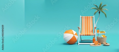  Orange beach chair with summer accessories on turquoise blue background design 3D Rendering  3D Illustration 