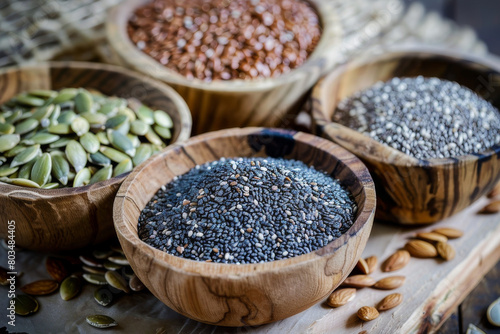 A visual of seeds used in cooking and nutrition  such as chia  flax  pumpkin  and sesame seeds  presented in a kitchen or dining setting - Generative AI