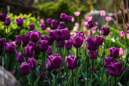 An image showcasing a vibrant garden filled with blooming purple tulips  emphasizing the lush beauty and tranquility of the setting - Generative AI