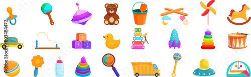 First babies toys icons set cartoon vector. Newborn baby. Nursery product
