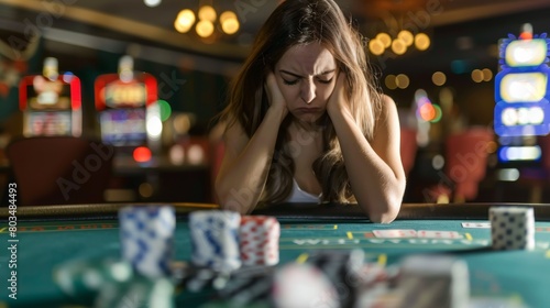 A woman at a poker table visibly upset and holding her head in her hands with chips and cards on the table