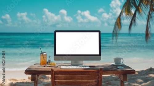 Mockup of blank modern computer monitor on beautiful beach, AI-generative