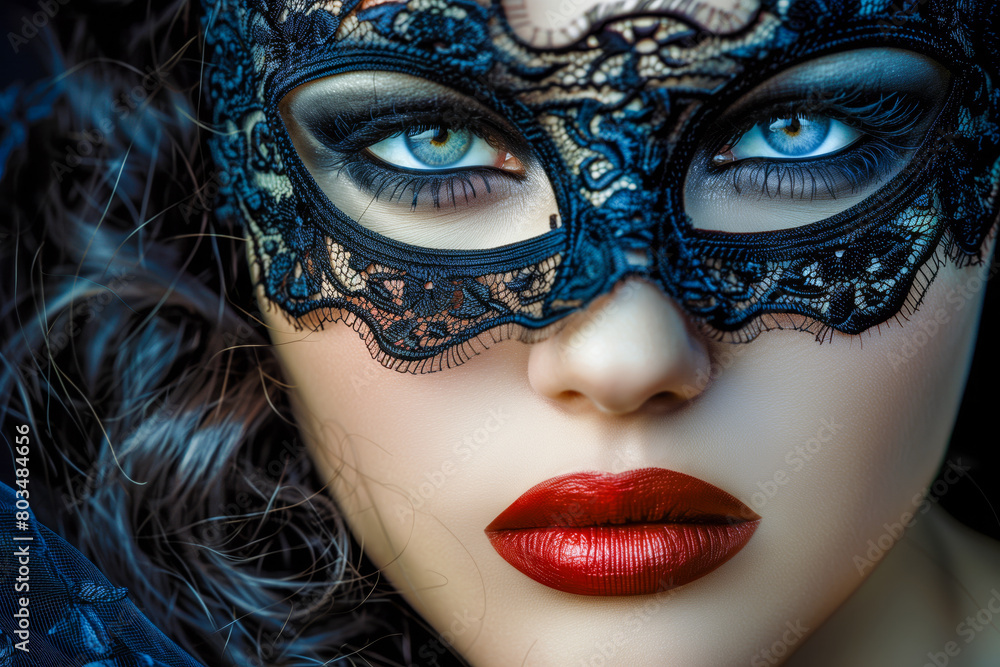 Close up of a beautiful mysterious young woman with black lace mask over her eyes on black background.