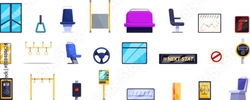 Bus interior icons set cartoon vector. Public seat. Pole vehicle validator