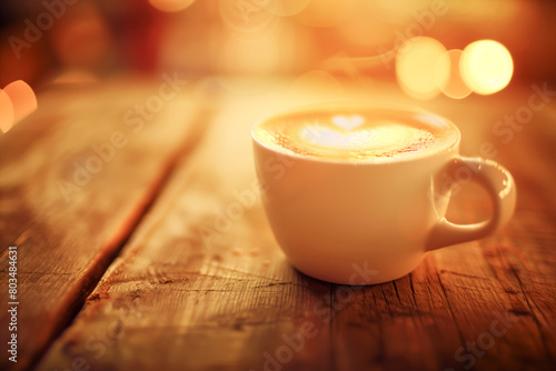 Close up coffee cup with Rosetta shape latte art on wood table on bokeh decent cafe background photo