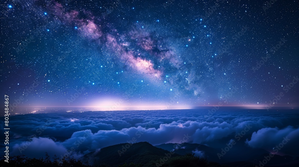 The breathtaking Milky Way stretches over a blanket of clouds, above silhouetted mountain peaks, invoking awe
