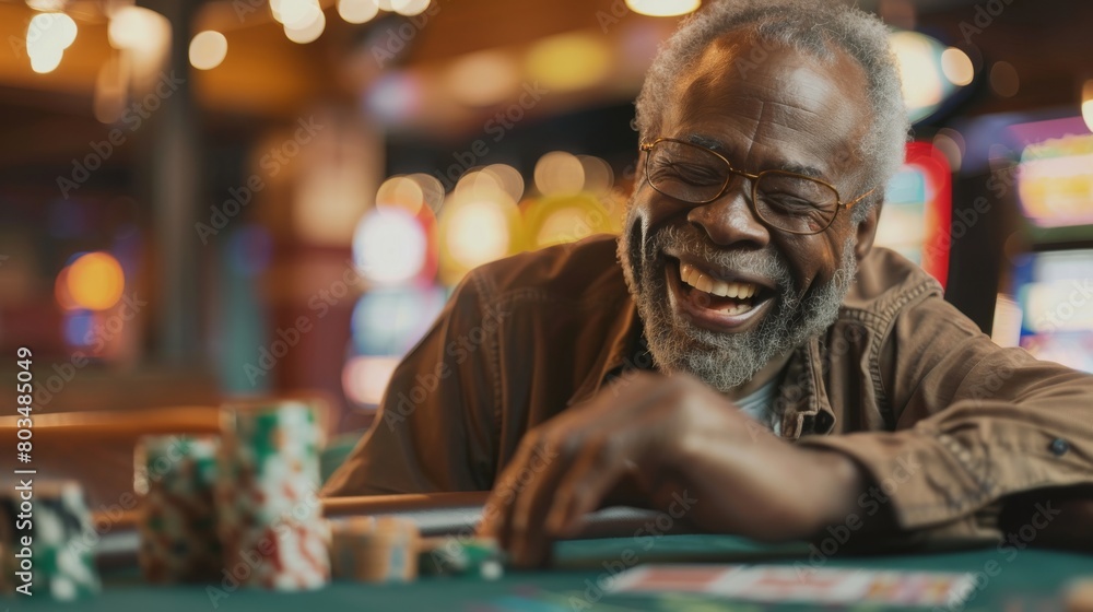 A cheerful African American elderly man with glasses laughing heartily at a casino table with cards and chips