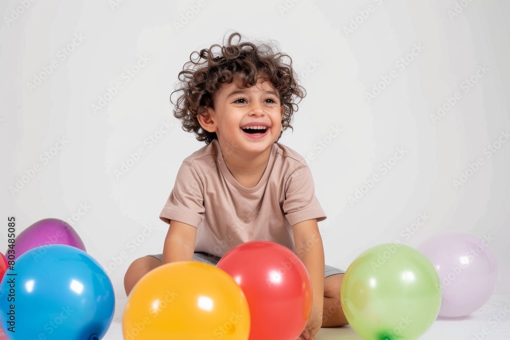 A joyful toddler in a t-shirt sits among colorful balloons on a white background, embodying innocence and happiness A joyful toddler in a t-shirt sits among colorful balloons on a white background, embodying innocence and happiness
