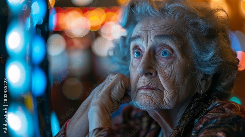 The profile of an elderly woman, poised in front of a brightly lit slot machine backdrop