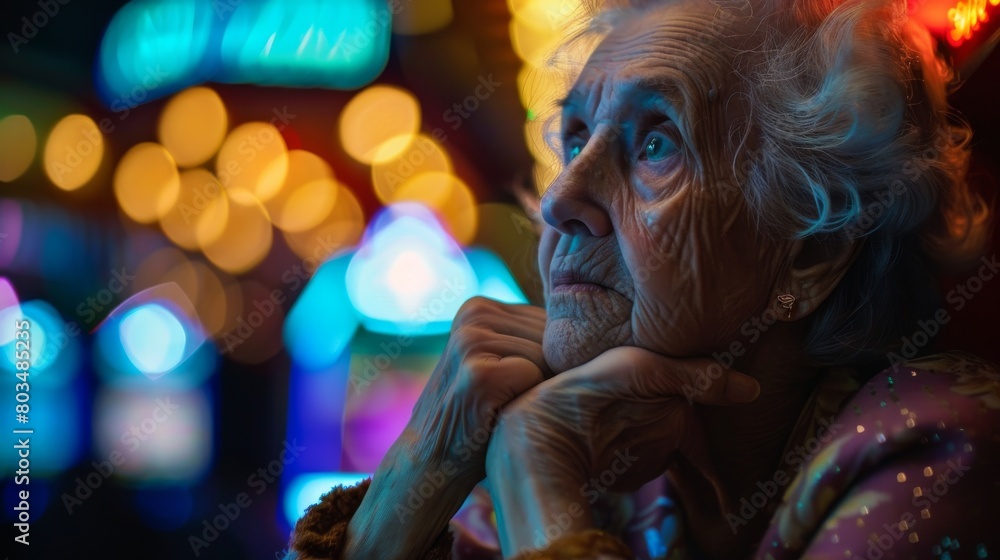 An elderly woman in a lively setting with vibrant, colorful lights blurred in the background, capturing a moment of reflection or nightlife