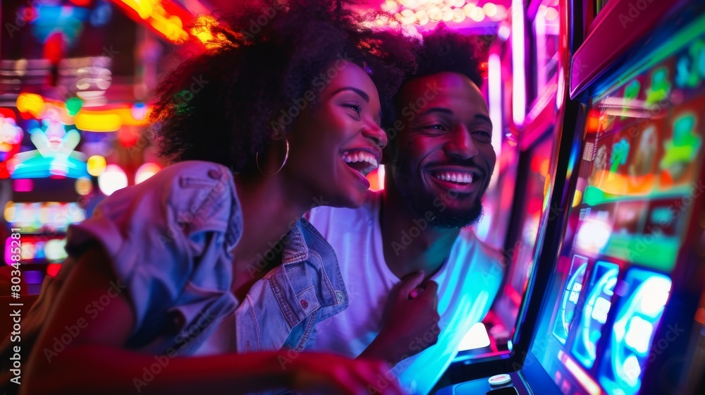 © ChaoticMind - Two people are shown having fun playing arcade games, illuminated by neon lights
